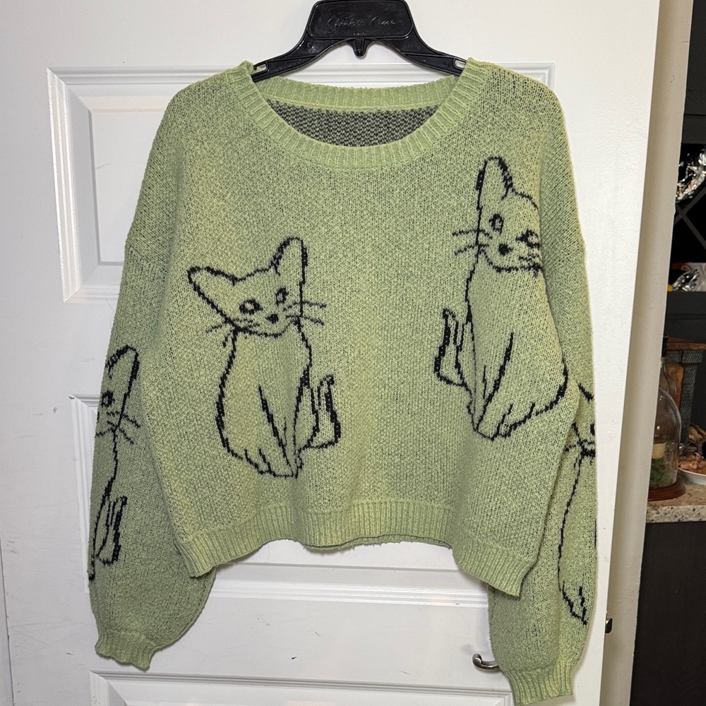 Green Cat Print Sweater